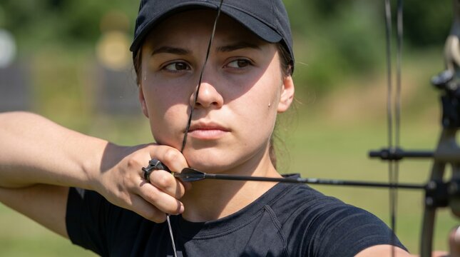 Female archer wearing a black cap aiming her bow outdoors. Her fierce, focused expression is set against a blurred background of green trees.