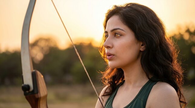 Profile shot of a female archer holding a recurve bow outdoors during golden hour. Warm sunlight illuminates her face against a soft background.