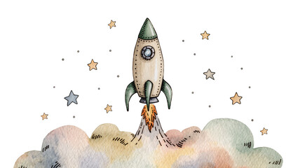 Watercolor rocket ship blasting off through colorful clouds surrounded by stars, isolated on transparent background © Niamh