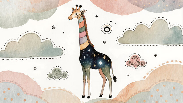 Whimsical giraffe with starry body and striped neck, isolated on transparent background