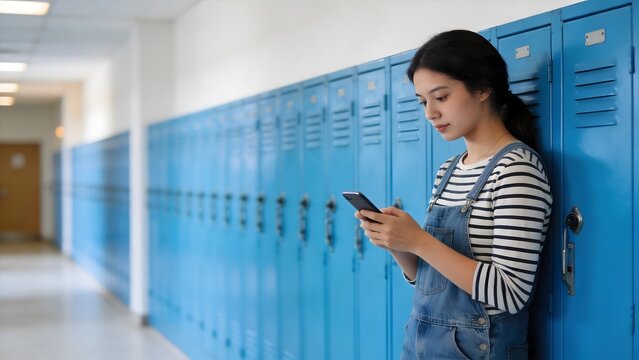 Young woman using phone in school hallway