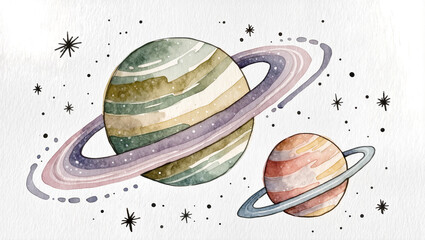 Watercolor planets with rings and stars, isolated on transparent background © Niamh