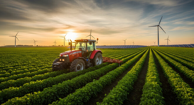 Red tractor working in a green field with wind turbines and solar panels at sunset