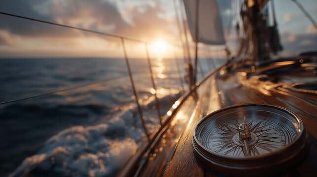 Sailing into the Sunset: A vintage compass rests on the wooden deck of a sailboat as it glides across the ocean, with the golden sun setting majestically on the horizon.