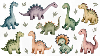 Collection of cute watercolor dinosaurs, isolated on transparent background © Niamh