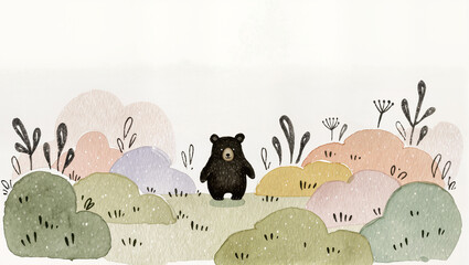 Small black bear cub standing in a whimsical forest with pastel colored bushes, isolated on transparent background © Niamh