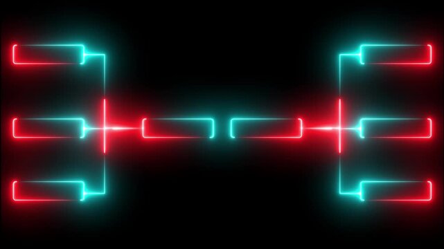 Neon tournament bracket ui animation with glowing red and cyan cyberpunk lines for esports competition