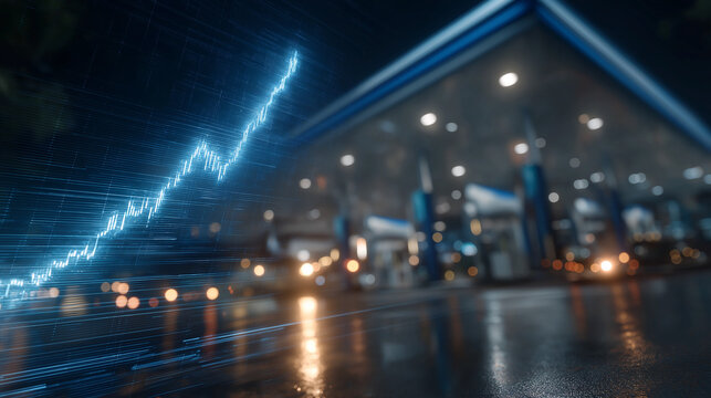 Energy Market Volatility: A vibrant blue line graph, symbolizing fluctuating market prices, overlays a nighttime scene of a dimly lit gas station, hinting at the volatile nature of energy economics.