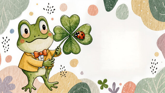 Cute cartoon frog in a yellow jacket holding a four-leaf clover with a ladybug, isolated on transparent background