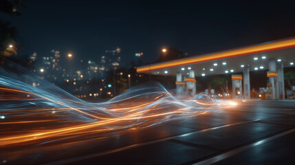 Fototapeta premium Speed of Light at a Gas Station: A dynamic visual representation of speed, with streaks of light in blue and orange illuminating a gas station at night. This image evokes motion and energy.