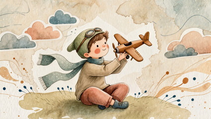 Young boy with aviator hat and scarf holding toy airplane, isolated on transparent background