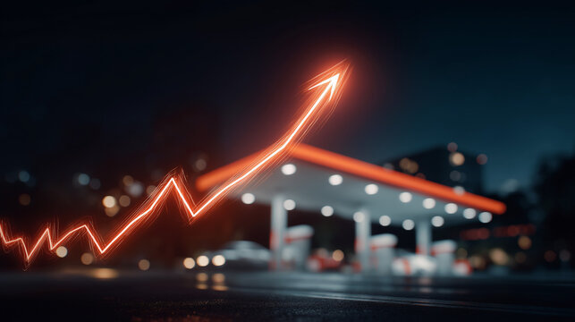 Rising Gas Prices: A neon red graph line with an upward arrow illustrates the surge in gasoline prices, depicted against a blurred backdrop of a gas station at night.