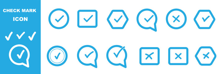 Set green approval check mark and red cross icons collection in circle and square, checklist signs, flat checkmark approval badge, © HIKE  Studio  1