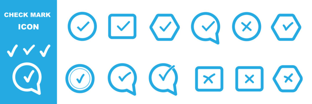 Set green approval check mark and red cross icons collection in circle and square, checklist signs, flat checkmark approval badge,