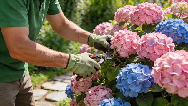 Professional Gardener Pruning Blooming Pink and Blue Hydrangea Flowers with Garden Shears