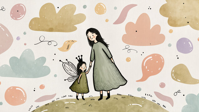 Mother and daughter with fairy wings holding hands, isolated on transparent background