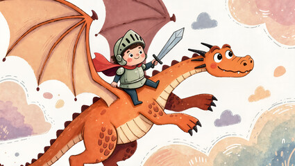Cute knight riding a friendly orange dragon with sword, isolated on transparent background