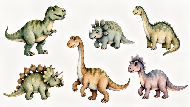 Collection of six cartoon dinosaurs, isolated on transparent background