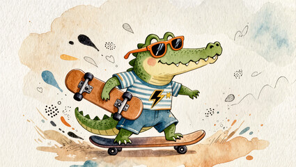 Cool alligator wearing sunglasses and striped shirt, riding a skateboard isolated on transparent background © Niamh