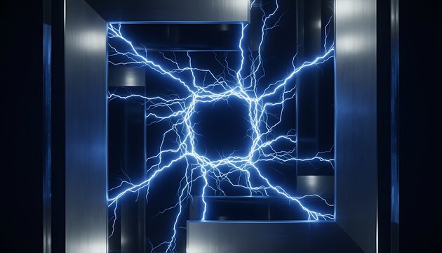 Abstract portal with blue electrical lightning discharge in a dark metallic frame.
