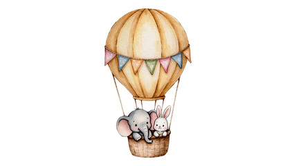 Fototapeta premium Cute elephant and bunny in a hot air balloon with flags, isolated on transparent background