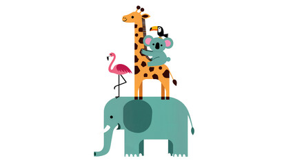 Fototapeta premium Cute cartoon animals stacked on top of each other, isolated on transparent background