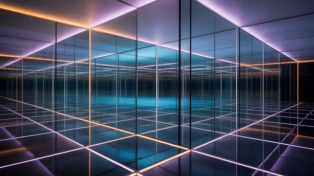 Infinity mirror room with glowing lines and reflective surfaces modern art installation