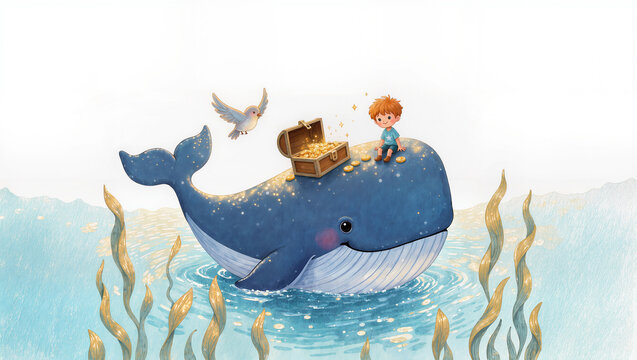 Boy and treasure chest on blue whale bird flying, isolated on transparent background