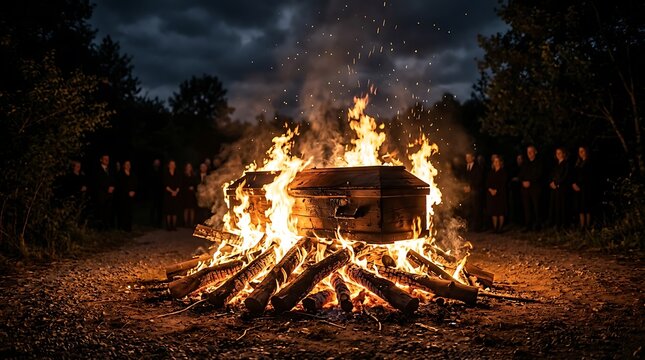Cremation Pyre Burning a Wooden Coffin During Night Ceremony