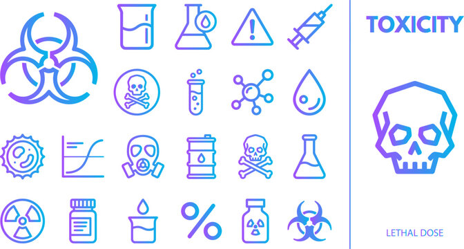 Toxicity and lethal dose icons for biohazard, chemistry, danger, and medical hazards.
