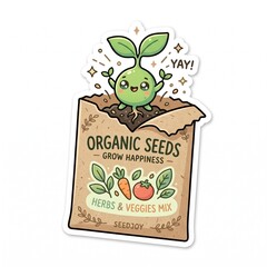 Cute kawaii seed packet vector sticker, cartoon organic gardening seedling illustration, agriculture icon.