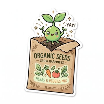 Cute kawaii seed packet vector sticker, cartoon organic gardening seedling illustration, agriculture icon.