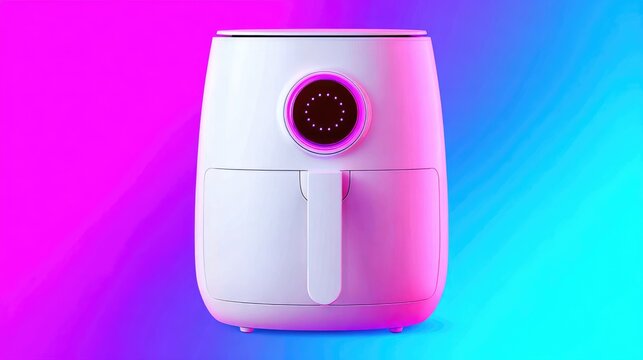 White appliance with digital display on vibrant pink and blue gradient