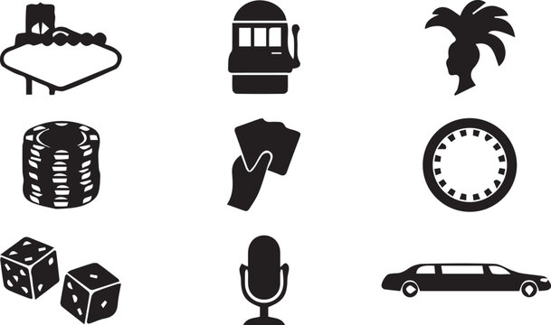 Black icons set with casino and travel symbols