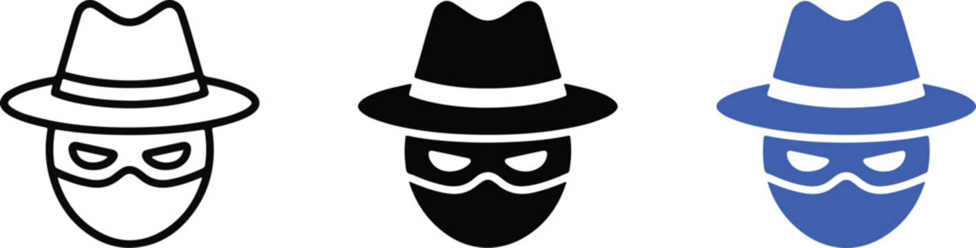 Three stylized masked bandit icons with fedora hats in black and blue colors