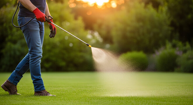 Gardener spraying fertilizer or pesticide on green lawn at sunset