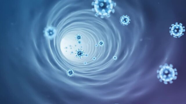 Digital illustration of microscopic viral particles floating through a blood vessel