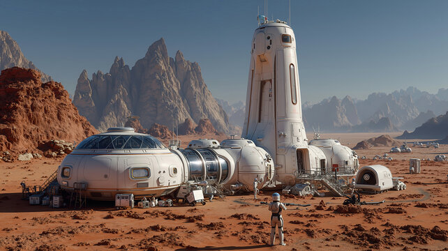 Futuristic mars colony with spacecraft and astronaut in rocky desert landscape, concept of space exploration