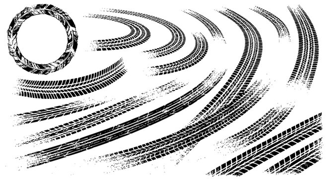 Tire tread marks after skidding, launch, drift, powerslide in motorsport, rally, off-road, motocross. Wheel texture with splash effect. Vector, transparent background SVG version.
