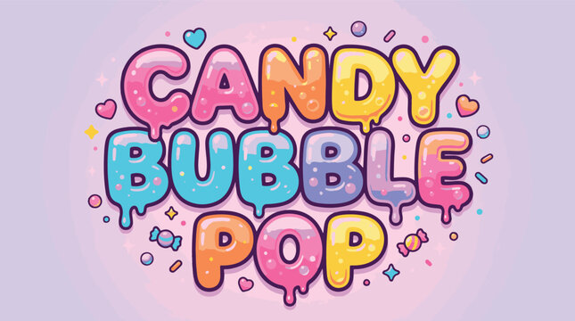 Cute dripping bubble gum alphabet design with colorful sweets and stars background