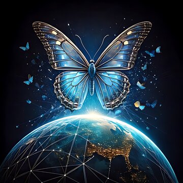 Giant butterfly over connected, glowing Earth, digital stars