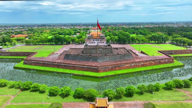 Aerial view of the Hue Citadel in Vietnam. Imperial Palace moat ,Emperor palace complex, Hue city, Vietnam.