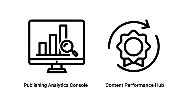 Publishing analytics console and content performance hub line icons
