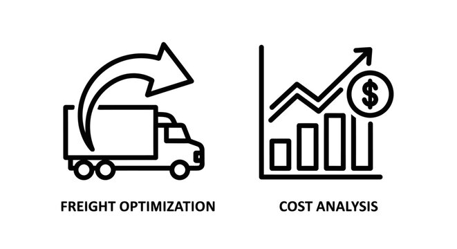Freight optimization and cost analysis icons with logistics transport shipping