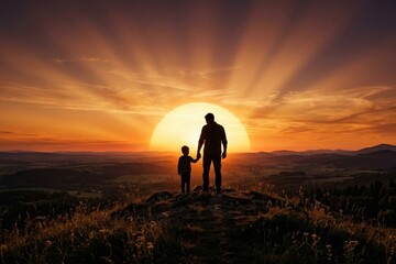 Fototapeta premium Father And Son Hilltop Sunset Artwork