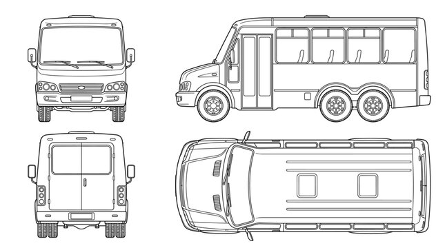 Mini bus transport vehicle technical drawing blueprint with front side back and top views CAD line art vector illustration