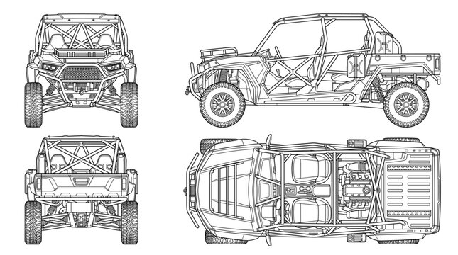 Military ATV vehicle technical drawing blueprint with front side back and top views CAD line art vector illustration