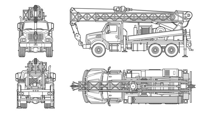 Mobile drill rig industrial machine technical drawing blueprint with front side back and top views CAD line art vector illustration