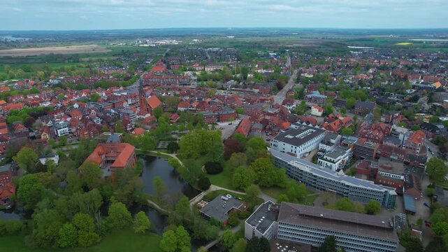 Aerial view around the old town of the city Winsen in north Germany on a sunny spring day