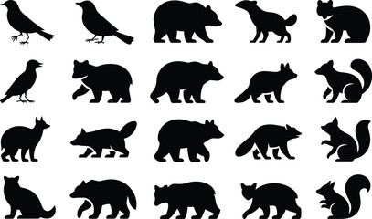 Forest wildlife silhouette collection featuring bears birds raccoons and squirrels on white back © Mofajjol